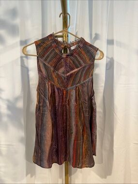 Burning Torch Sleeveless Multicolor Striped Silk Top Small